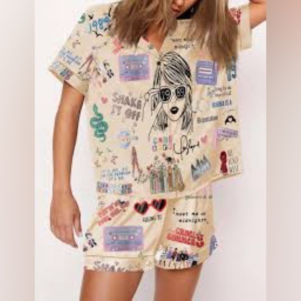 Women’s XL Taylor Swift Button Down Short Pajama Set Silky Like Fabric Swiftie